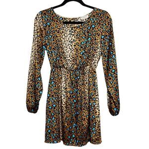 Susy Mix Long Sleeve Leopard Print Dress Brown and Teal Small